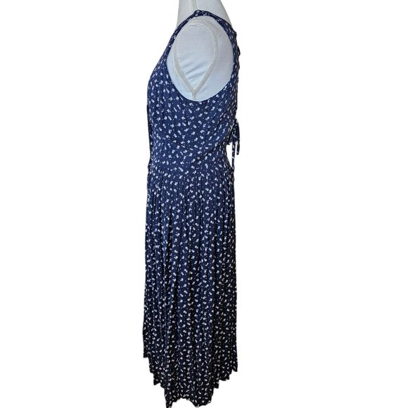 VTG 90s Size‎ M Navy Floral Shirt Dress Long Maxi Sleeveless Rayon Laceup Back - Picture 4 of 11